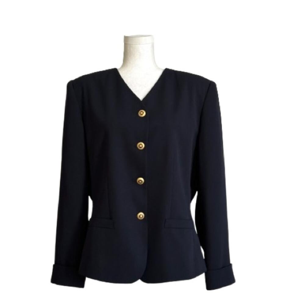 Le Suit Vintage Blazer Navy Blue Gold Button Cuffed Sleeve Career Jacket Size 12